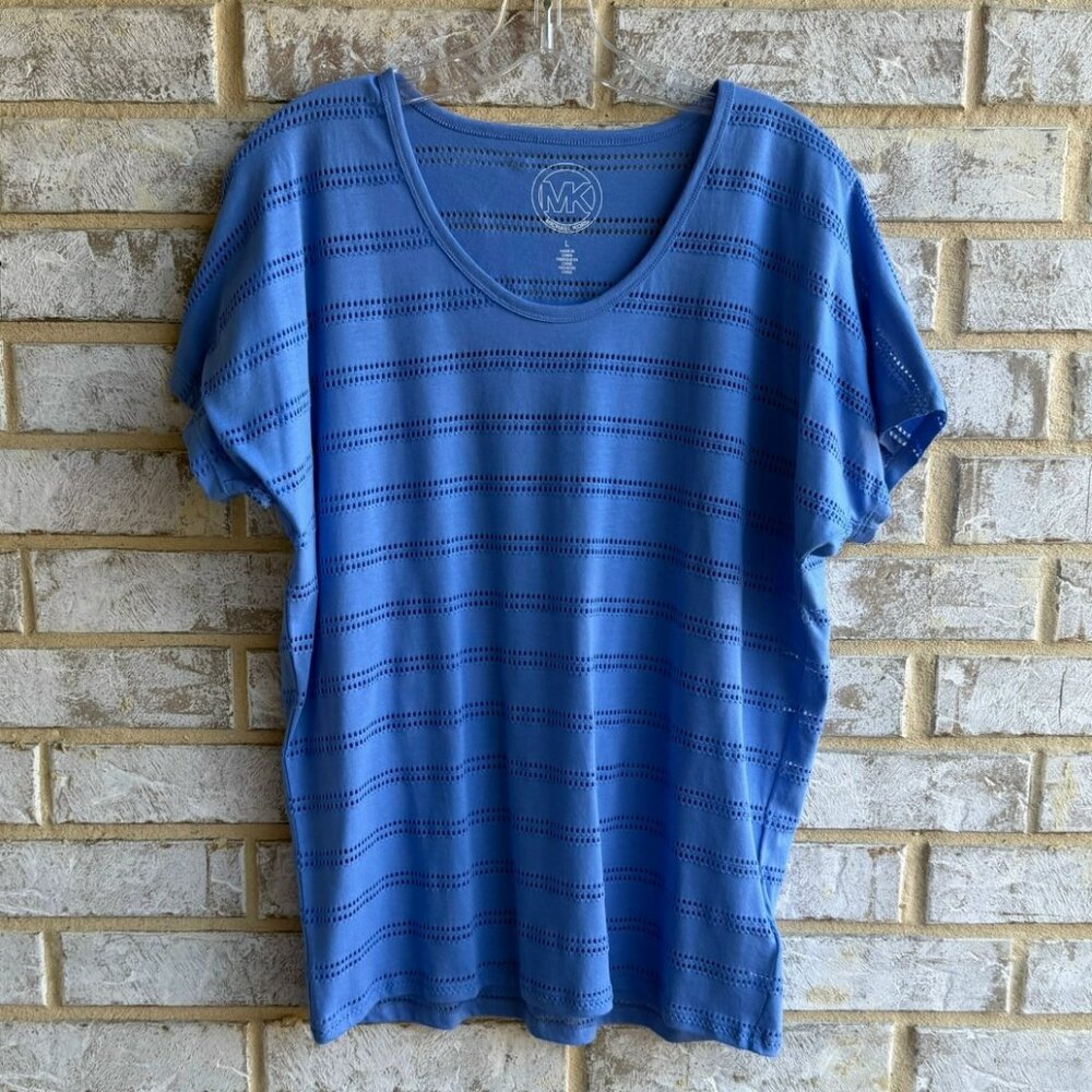 Michael Kors Navy Blue Short Sleeve Scoop Neck Semi-Sheer Striped T-Shirt Size L